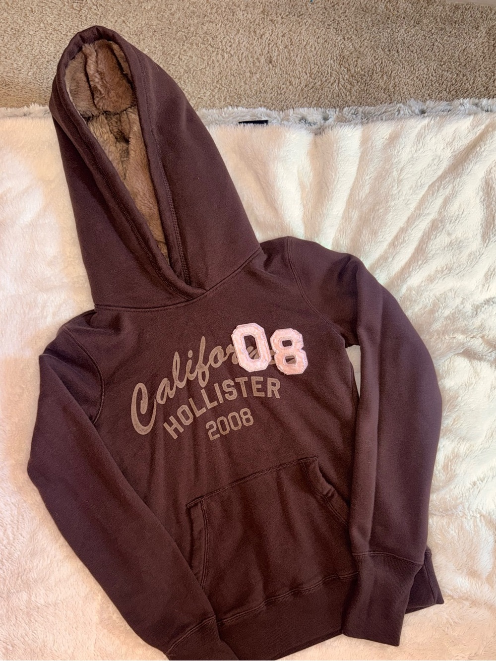 Hollister Women's Brown Faux-Fur Lined Pullover Hoodie with 08 Patch